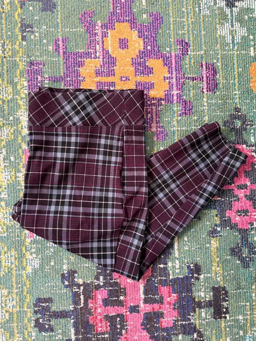 Purple Plaid High-Waist Pull-On Pants